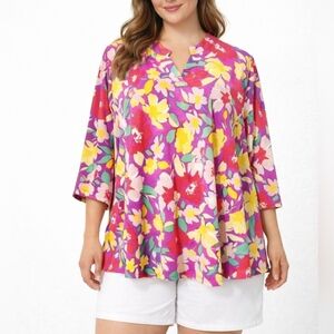 Dear Scarlett Floral Blouse Top Tunic XL Bright Pink Yellow Red Green 3/4 Sleeve
